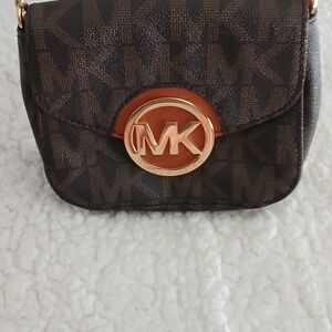 Michael Kors Brown Monogram Crossbody with Gold MK Emblem